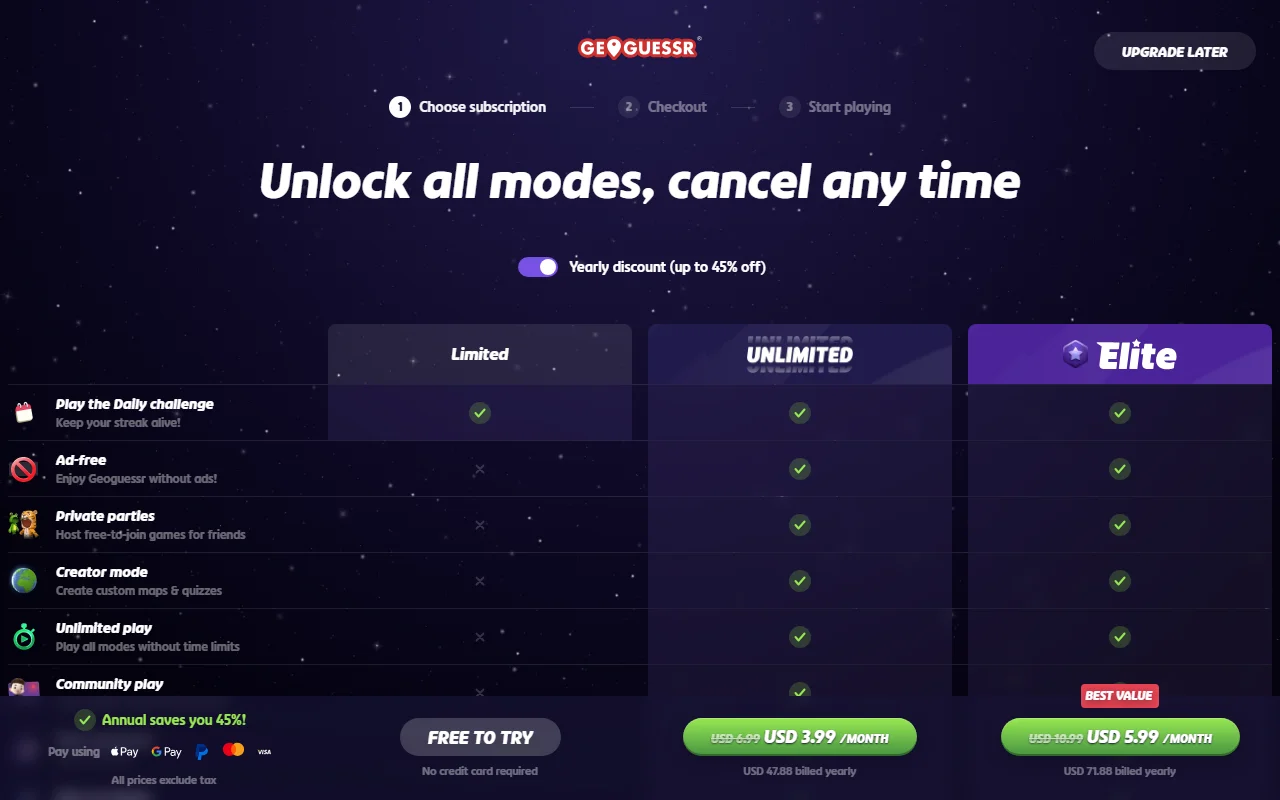GeoGuessr's plan chooser, with the Limited, Unlimited and Elite columns and the yearly prices