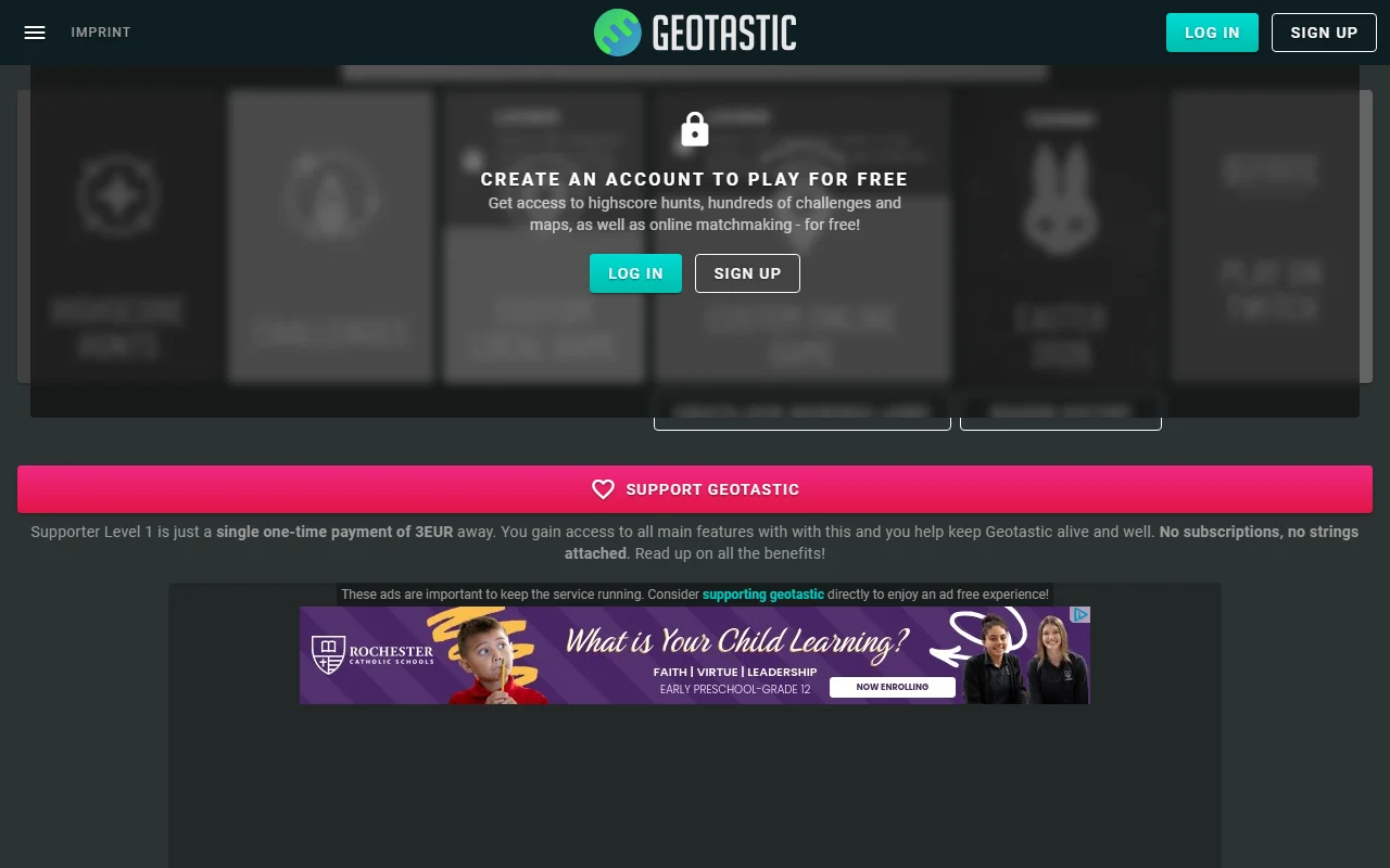 Geotastic's front page mode grid dimmed behind a padlock and the words Create an account to play for free