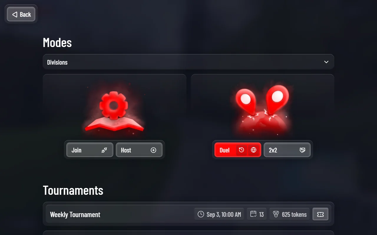 OpenGuessr's multiplayer modes screen with Divisions, Join and Host party, Duel, 2v2 and a tournaments list