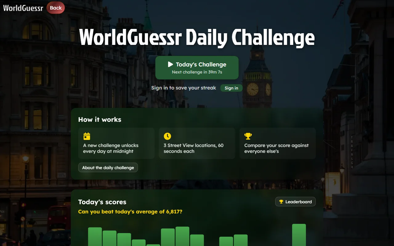 WorldGuessr's daily challenge page with the play button, the countdown to the next challenge and the day's score distribution
