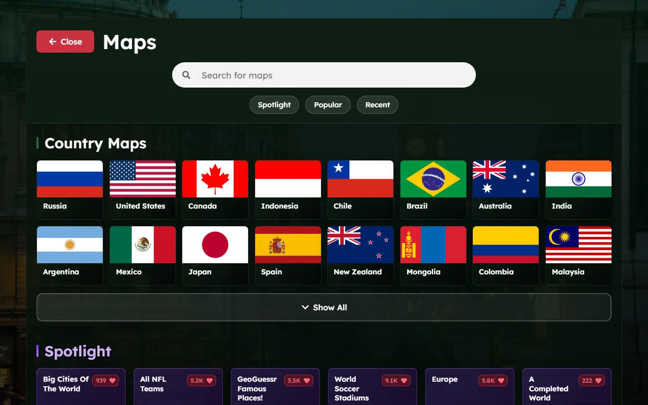 WorldGuessr's community map browser with the search field, Spotlight, Popular and Recent tabs and a grid of country flags
